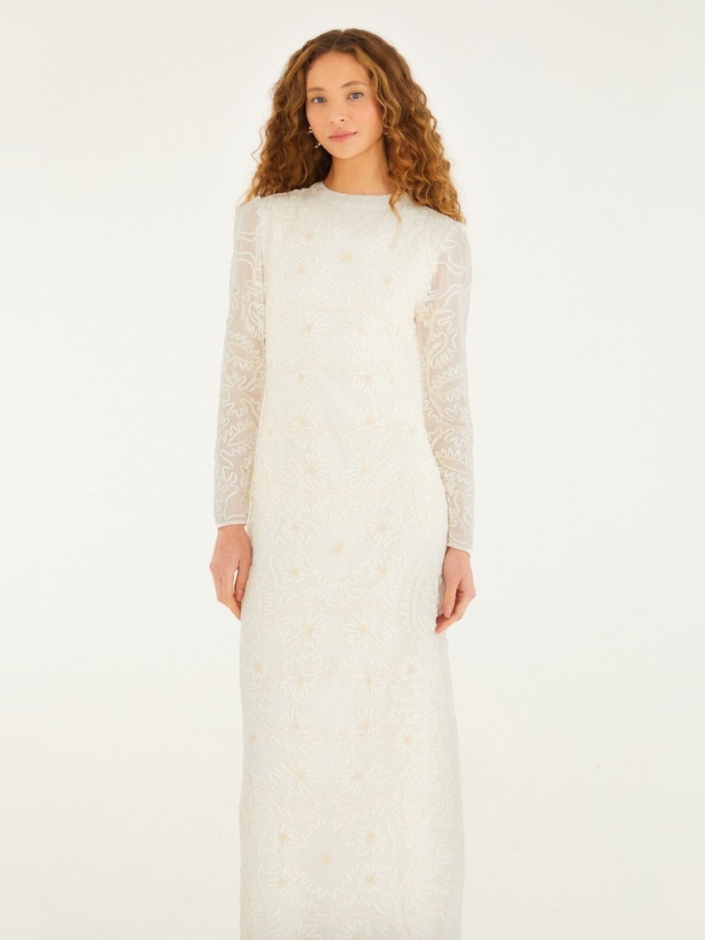 Farm Rio: Off-White Embroidered Crew Neck
Long Sleeve Maxi Dress